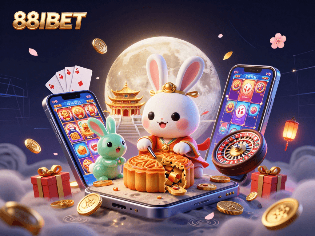 88IBET showcases a lively moon rabbit scene with slot games and casino elements for an engaging online gaming experience.
