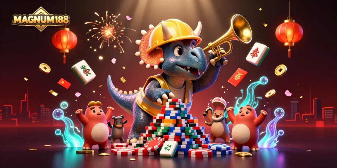 Experience the excitement of MAGNUM188, where players engage with vibrant casino elements in a lively atmosphere.