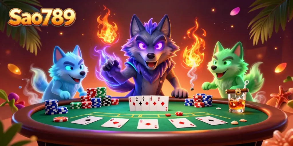 Sao789 casino illustration featuring a shadow wolf leader with poker elements showcasing dramatic gameplay.