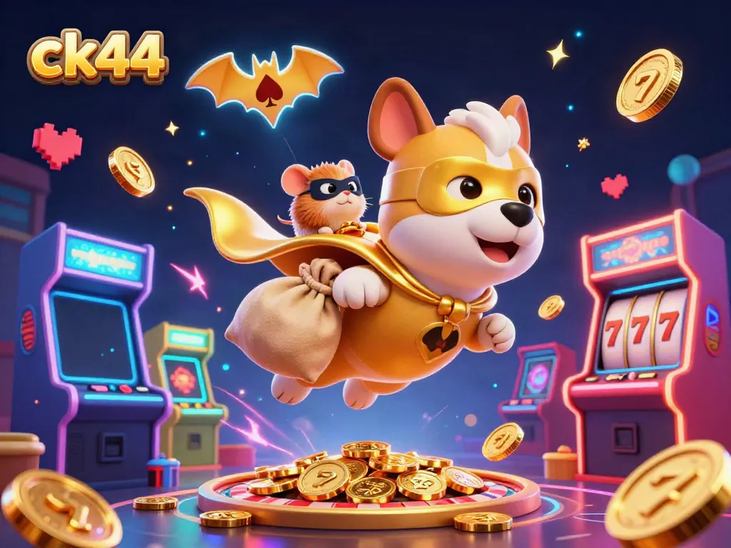 Experience the thrill of ck44 as a superhero dog flies with gold coins among vibrant casino games.