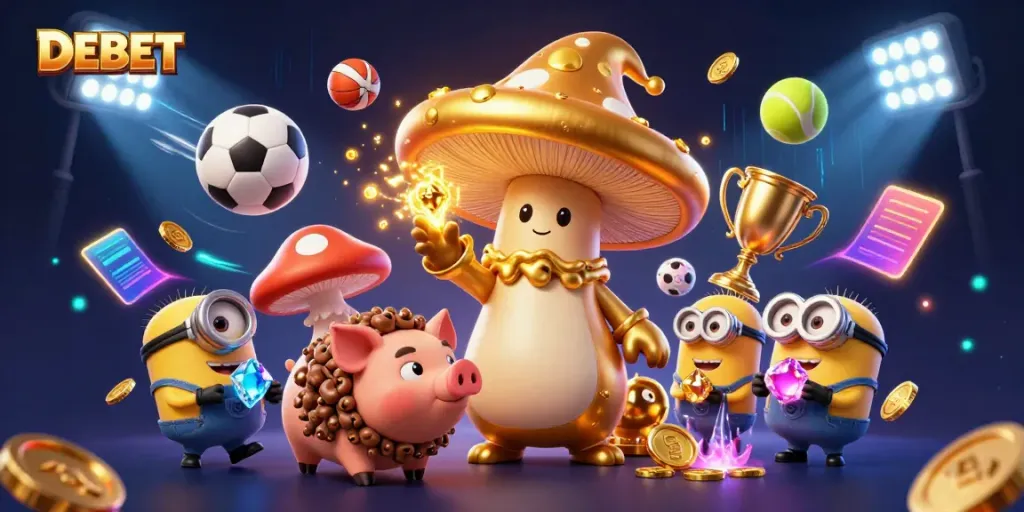 Experience thrilling gameplay at DEBET with magical creatures and dynamic sports elements in an enchanting casino scene.