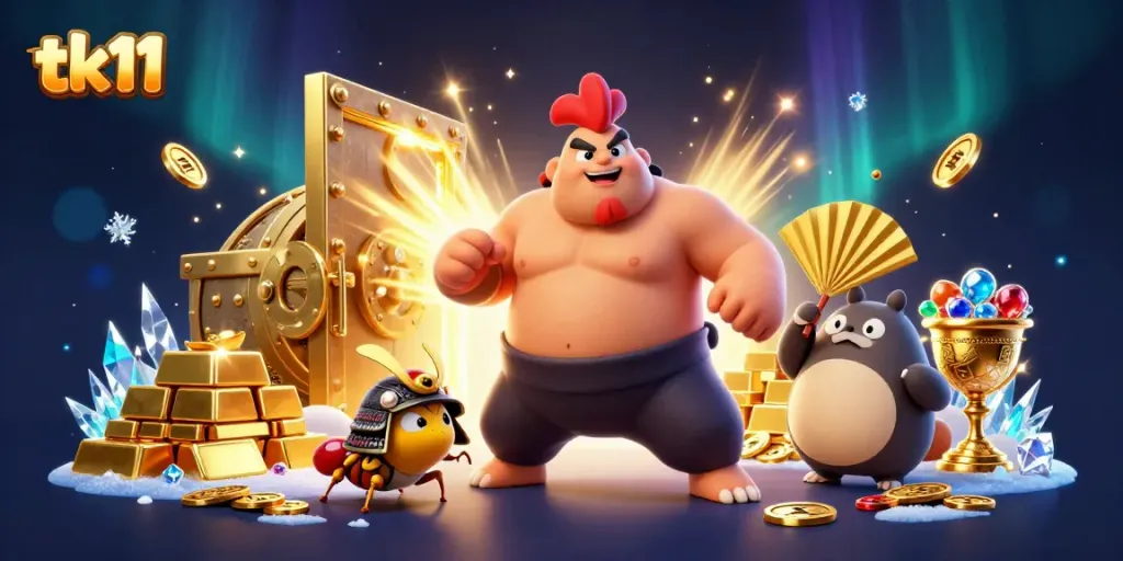 tk11, a powerful sumo rooster and fierce cricket, battles amidst a gold-strewn treasure vault