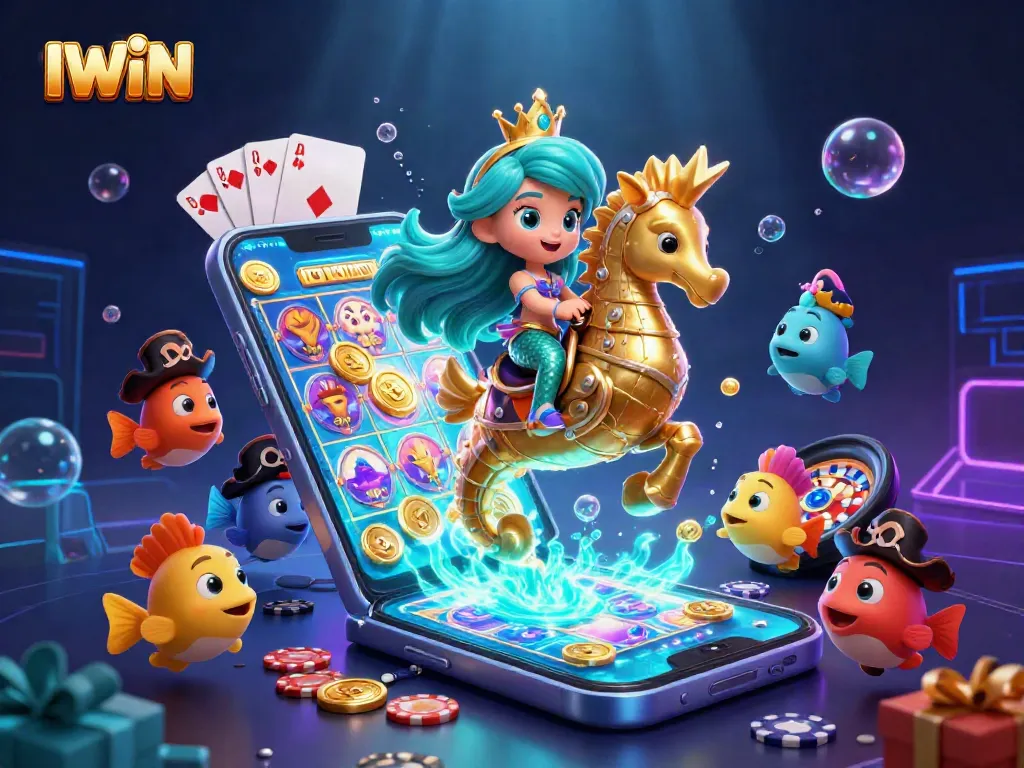 IWIN your way to excitement with the mermaid, seahorse, and delightful casino-themed 3D illustration.
