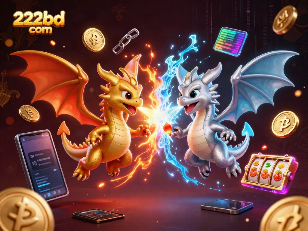 Engage with thrilling slots at 222bd com, featuring golden and silver dragons in an exciting 3D scene.