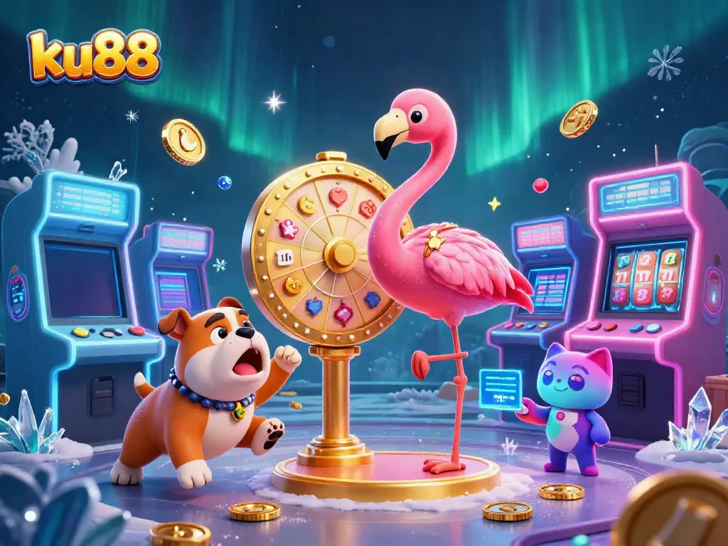 ku88 engages players with vibrant slot-themed 3D illustration featuring game show host and bulldog