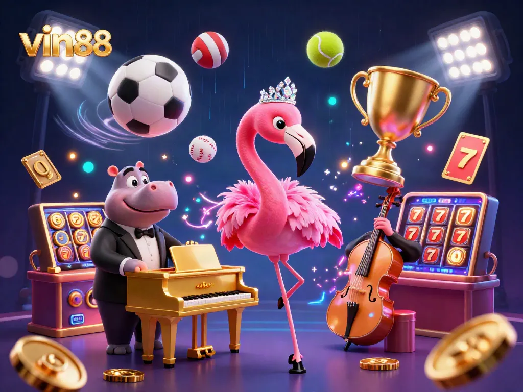 Experience thrilling gaming at vin88 with dynamic illustrations of flamingo and hippo characters in a vibrant casino scene.