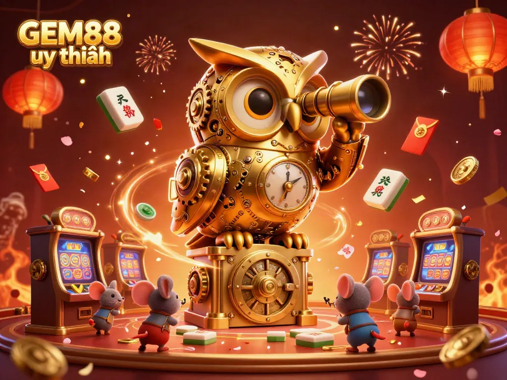 Experience the lively GEM88 uy tín casino scene with a golden owl and bustling patrons.