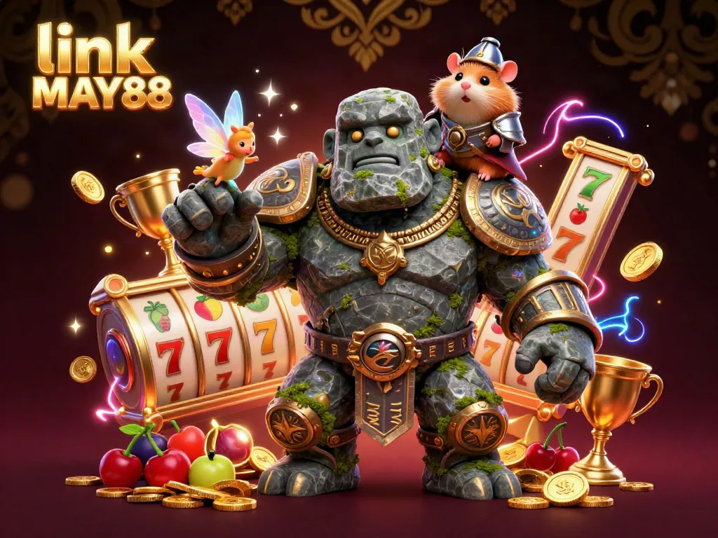 Engage in the thrill of gambling with link MAY88's animated characters amidst vibrant slot reels and magical sparkles.