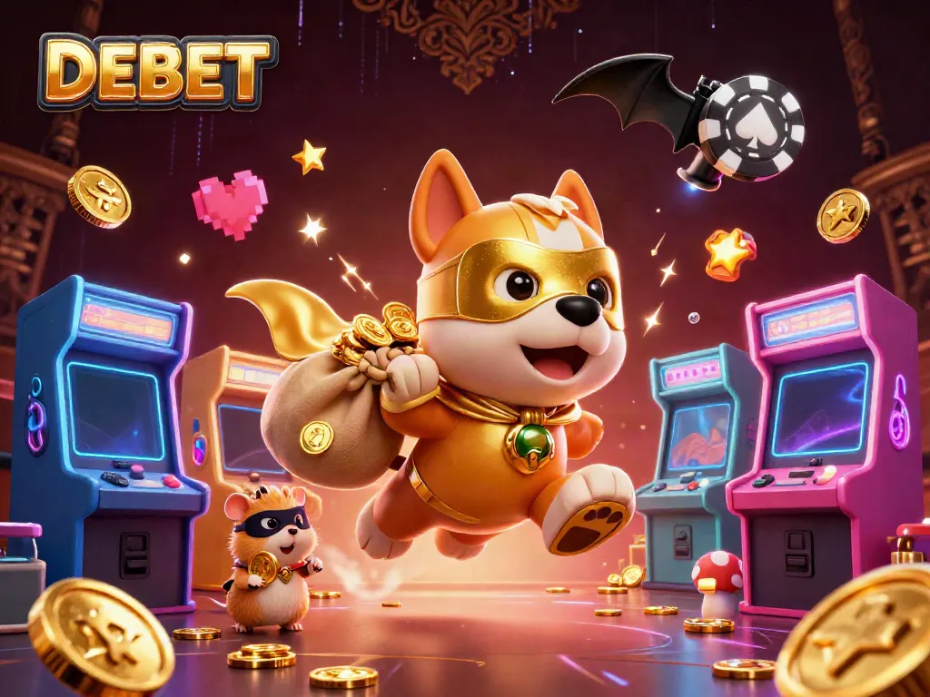 Experience the thrilling DEBET gaming world with a heroic dog character and action-packed elements.