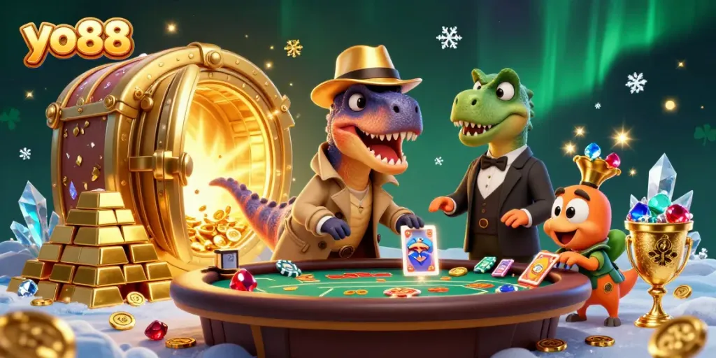 Spin and win with yo88 in a bustling casino scene featuring animated characters and lavish treasures.