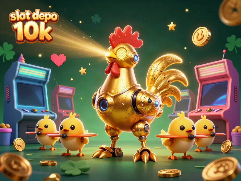 Engage with slot depo 10k in this vibrant 3D casino illustration featuring futuristic characters and arcade elements.