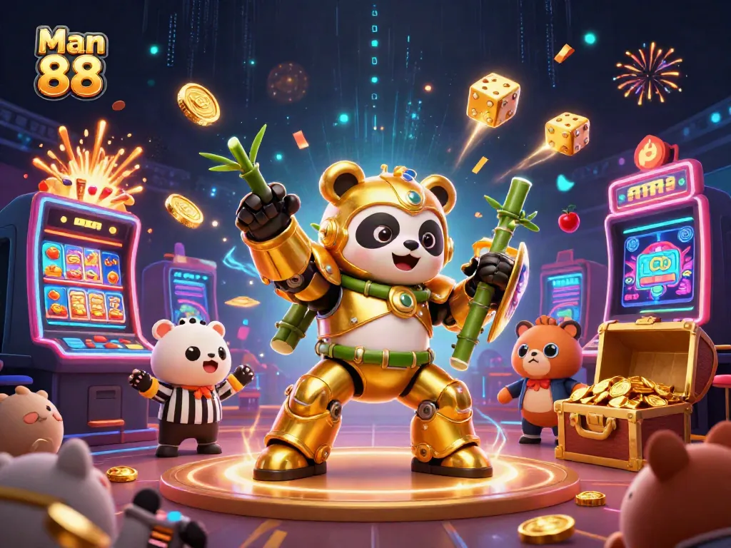 Engage with thrilling casino action in Man 88, featuring a panda mech in a vibrant, dynamic setting.
