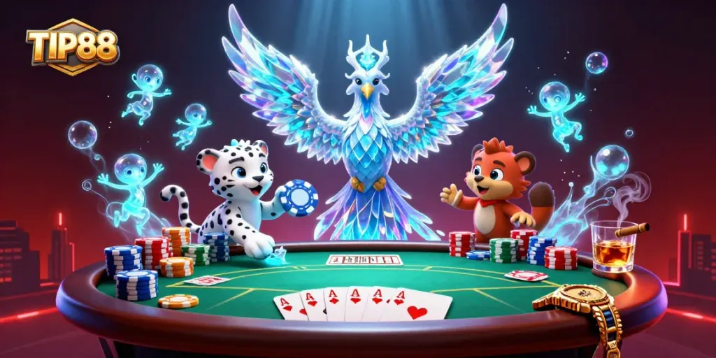 Engage with TIP88 for thrilling poker experiences featuring vibrant 3D characters in a captivating casino scene.