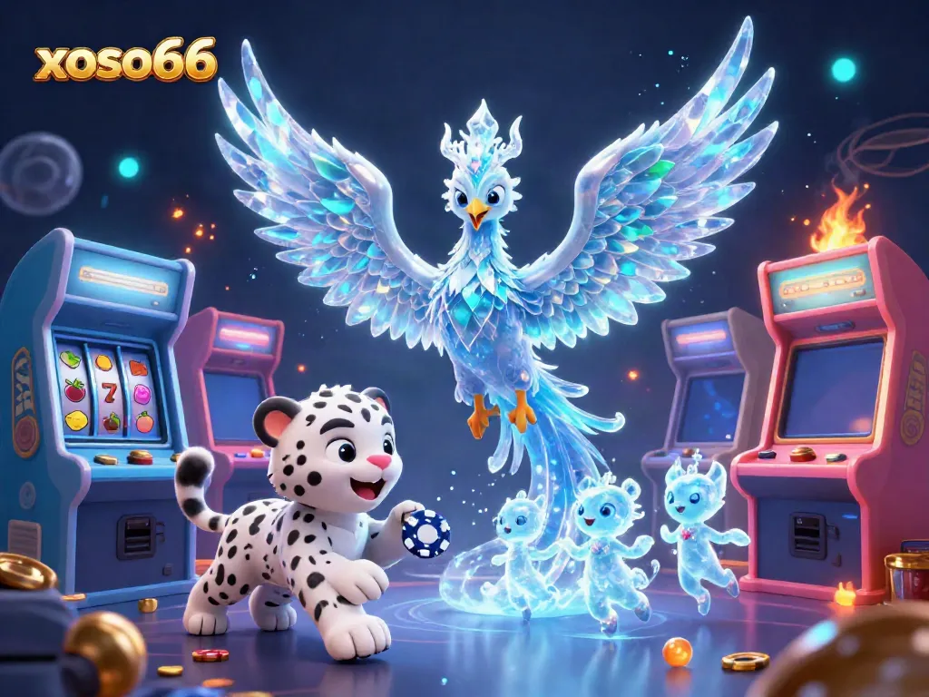 Experience the magic of xoso66 with a whimsical ice phoenix, snow leopard, and vibrant casino elements.