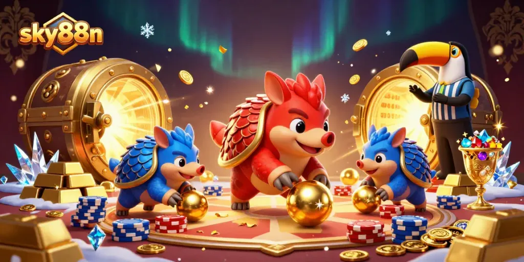 Experience exciting gameplay with sky88n as colorful pangolins roll golden balls amidst casino action.