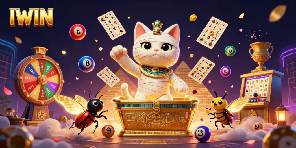 IWIN showcases a vibrant 3D casino scene with a mummy cat and elements bursting with action and excitement.