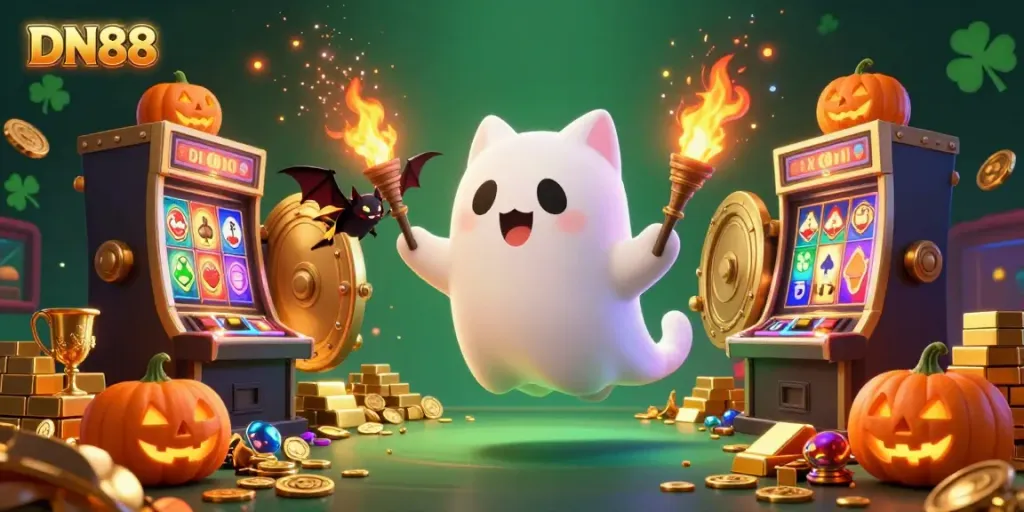 Experience thrilling gameplay at DN88 casino, featuring a vibrant ghost cat and treasure-filled slots.