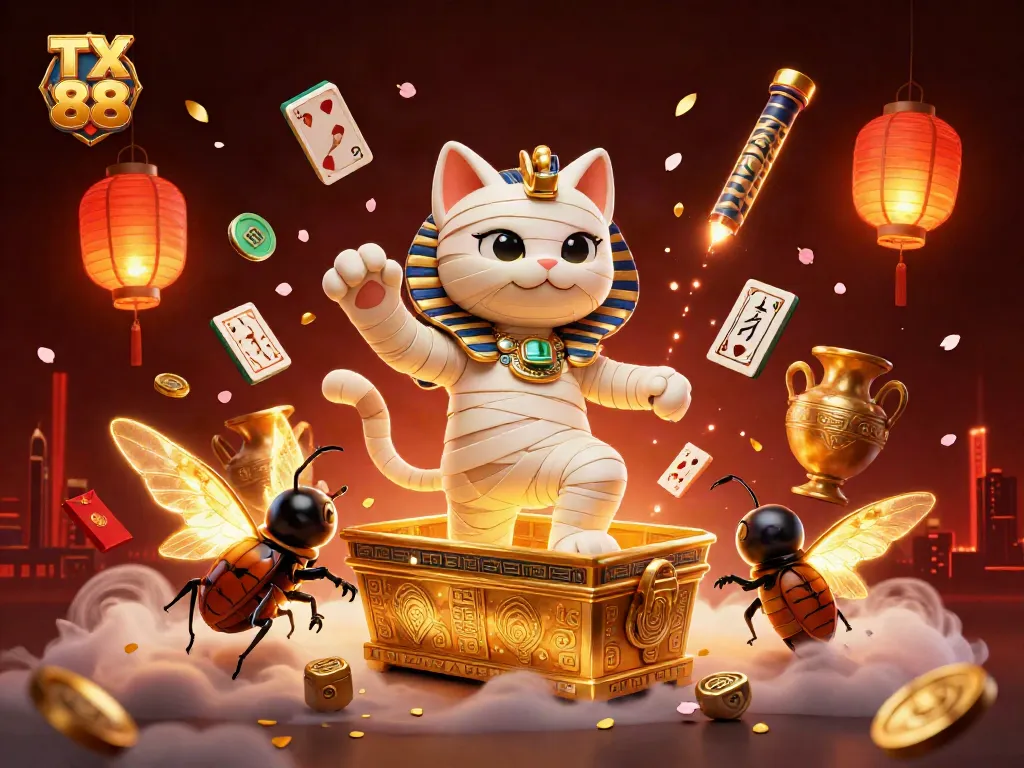 Experience vibrant casino thrills with TX 88 as an Egyptian mummy cat bursts from a sarcophagus