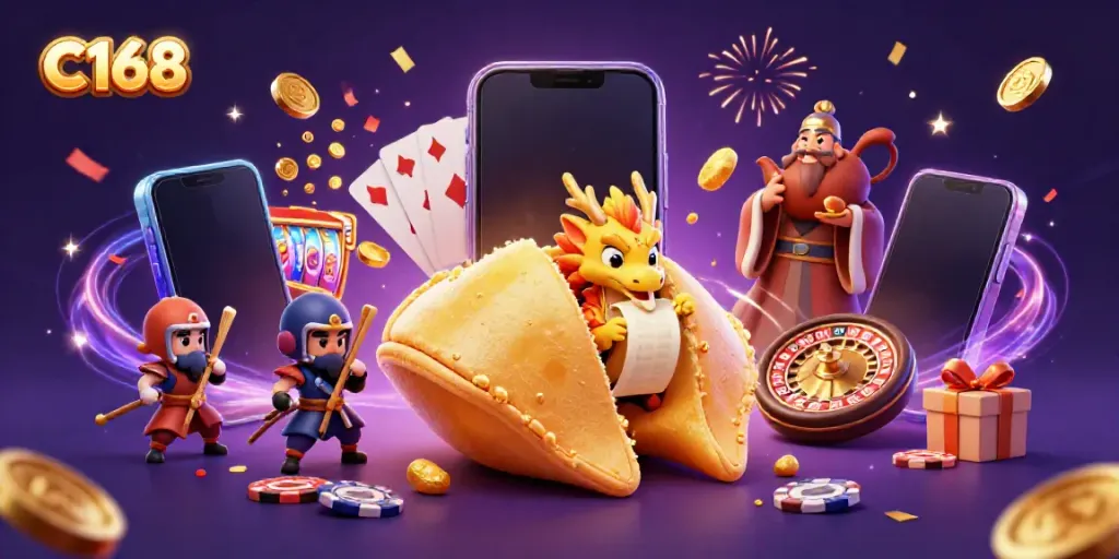 Experience dynamic fortune-themed gaming elements with C168, featuring a wise dragon and gold treasures.