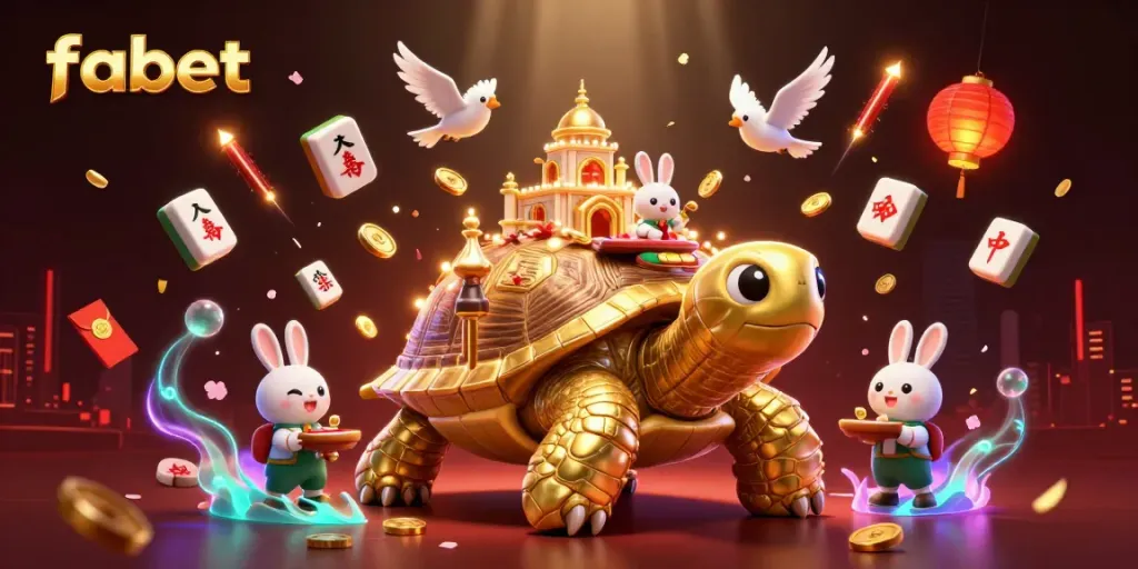 Play at fabet's vibrant casino scene with a rabbit dealer, golden tortoise, and flying coins.