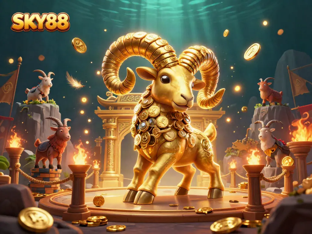 Engage in thrilling action with SKY88's vibrant casino scene featuring a golden ram charging through golden gates.