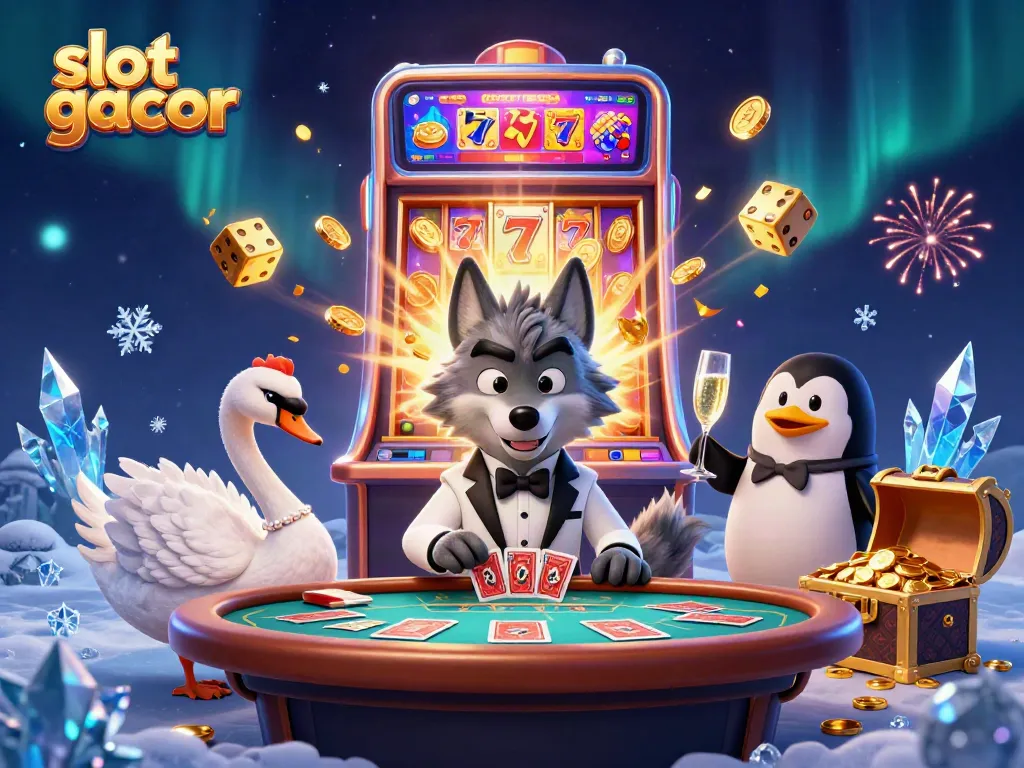 Win big with slot gacor at an exciting casino table surrounded by animated characters.