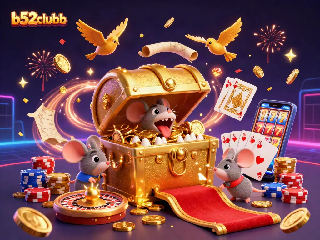 Spin your luck at b52clubb with vibrant 3D casino illustration showcasing game elements.