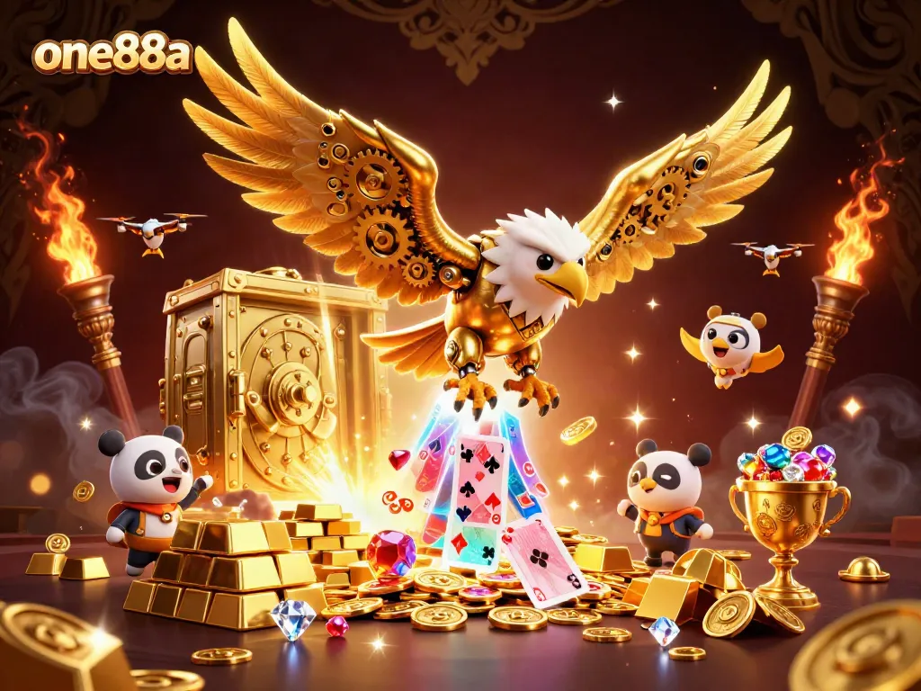 Experience thrilling action with one88a in a vibrant 3D casino scene filled with gold and gems.