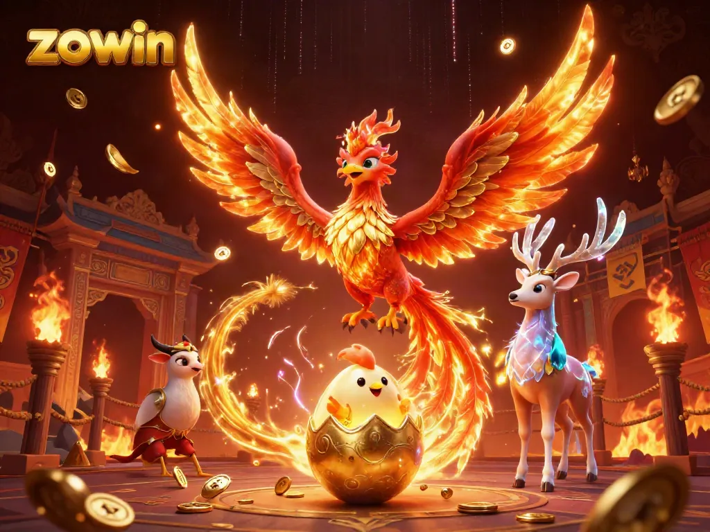 Zowin showcases a vibrant 3D scene with a fiery phoenix and mystical stag amidst golden gaming elements.