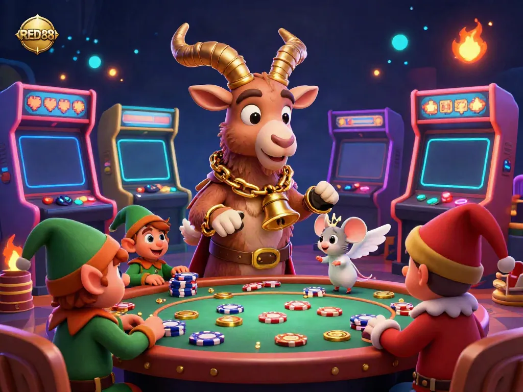Experience the festive RED88 casino scene with a Krampus goat and whimsical characters engaging in playful gaming chaos.
