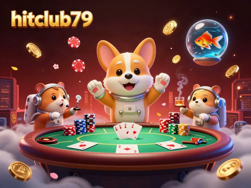 Hitclub79 animated scene of an astronaut corgi in a casino, floating poker chips and golden coins enhance the atmosphere.
