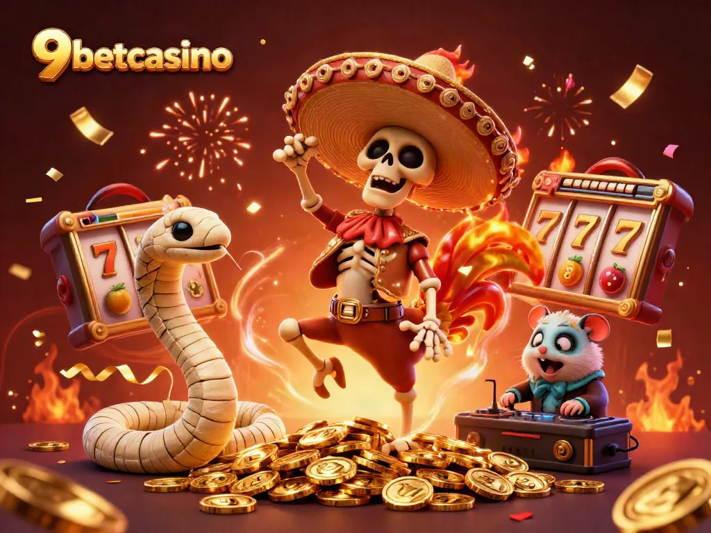 Experience thrilling moments at 9betcasino with a dynamic celebration of gaming elements and characters.