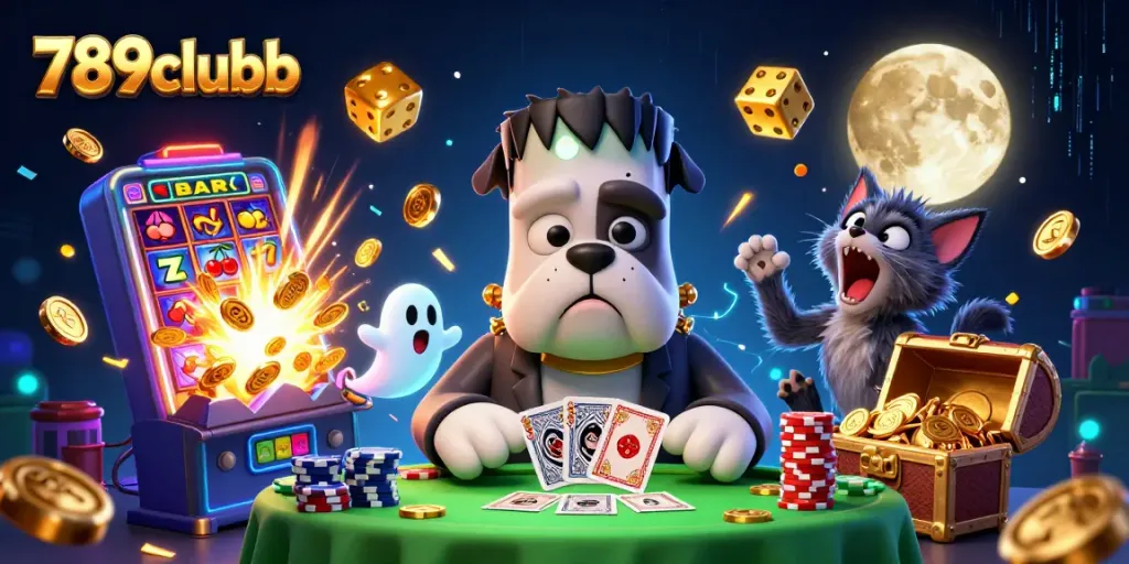 Engage with 789clubb's thrilling online games at a vibrant casino scene featuring dynamic characters and elements.