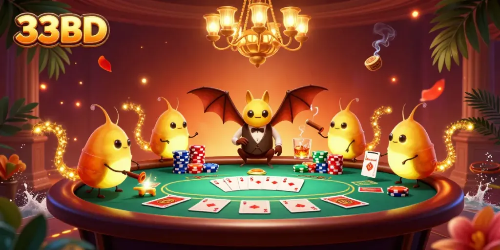 Experience an exhilarating night at the 33BD casino, illuminated by glowworms and vibrant game elements.