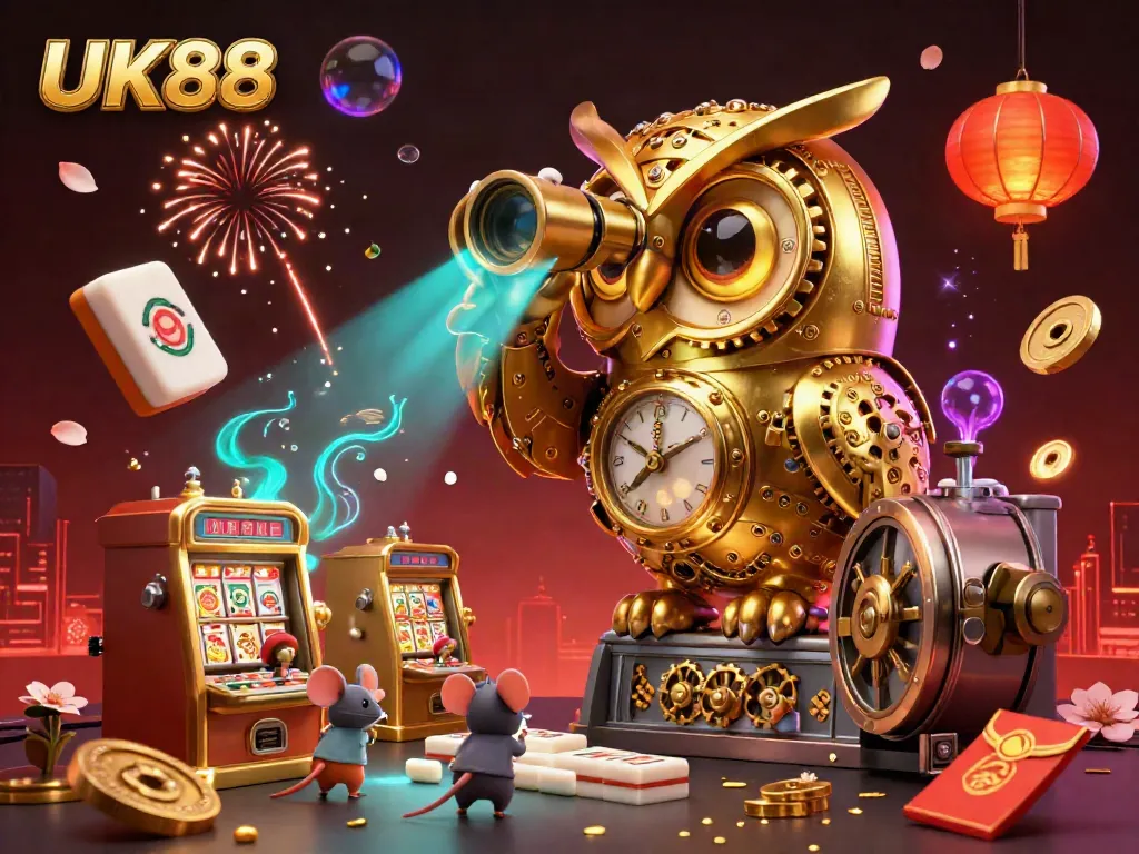 Experience the vibrant gaming world of UK88 featuring a golden owl, dynamic casino elements, and an energetic atmosphere.