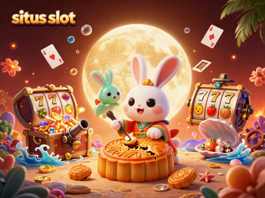 Experience thrilling situs slot action with a moon rabbit, vibrant slot reels, and a magical lunar backdrop.