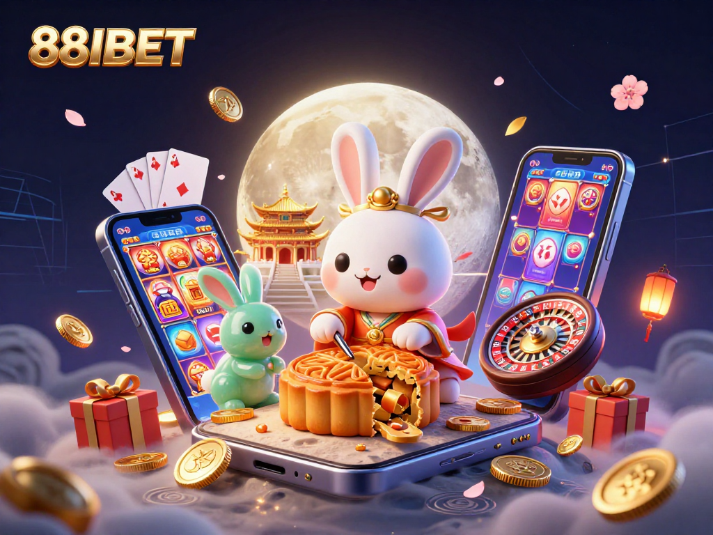88IBET showcases a lively moon rabbit scene with slot games and casino elements for an engaging online gaming experience.
