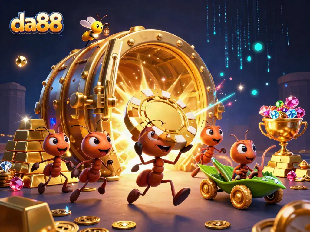 Engage with da88's exciting gameplay as ants carry a giant poker chip amidst a vibrant underground casino heist.