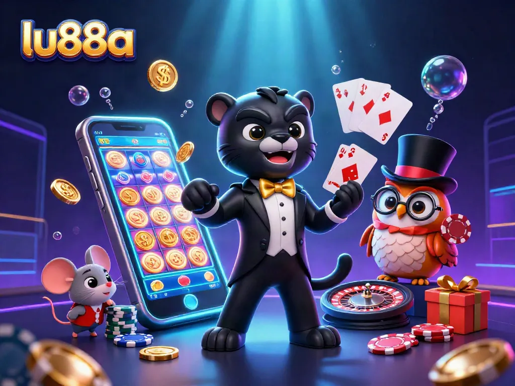 Engage with exciting slots at lu88a on a vibrant digital casino illustration featuring playful characters.