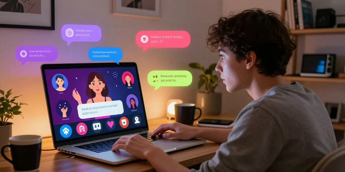 User experiencing engaging porn ai chat on a laptop with animated character avatars and interactive messages.