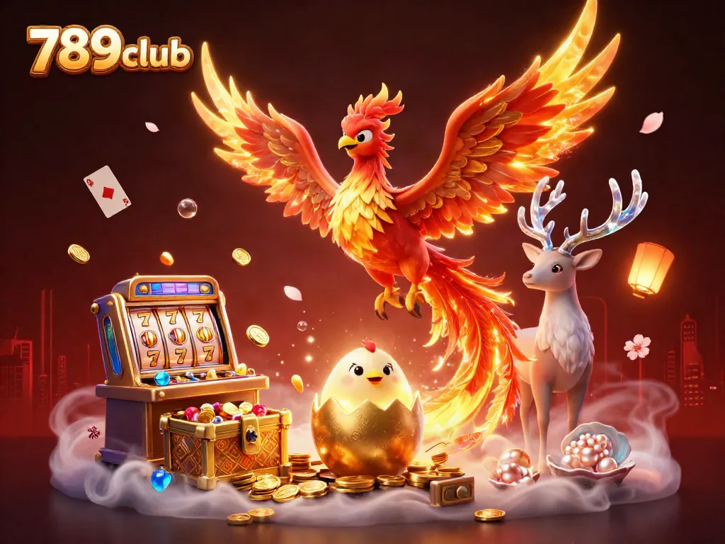 Experience the exhilarating world of 789club with vibrant slot machines, a fire phoenix, and mystical elements.