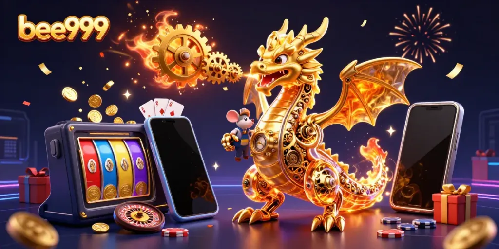 Engage in thrilling gaming with bee999 featuring a gold dragon and exciting casino elements.