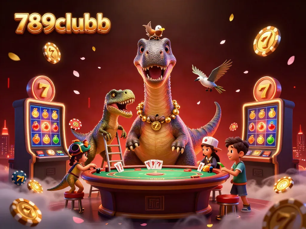 Engage with 789clubb as a giant brontosaurus towers over a poker table, showcasing vivid casino elements around.
