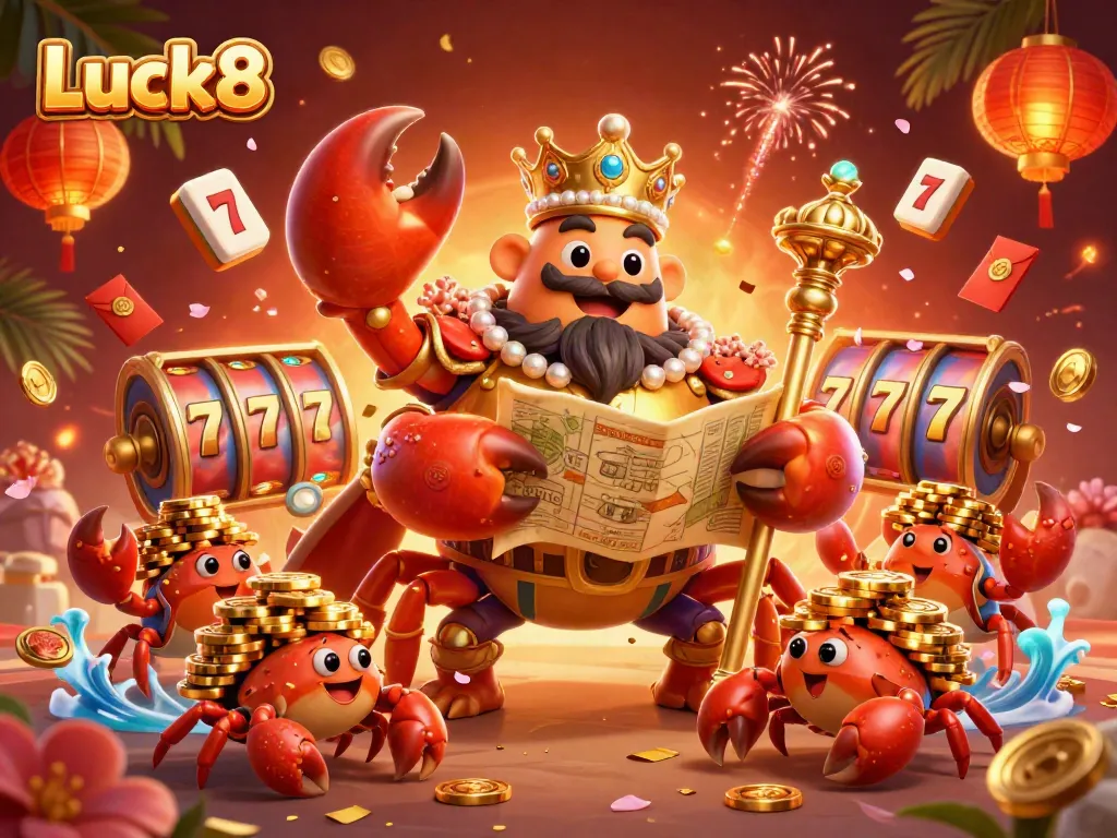 Experience Luck8's dynamic gaming scene featuring a golden crab emperor amidst slot games and festive decorations.