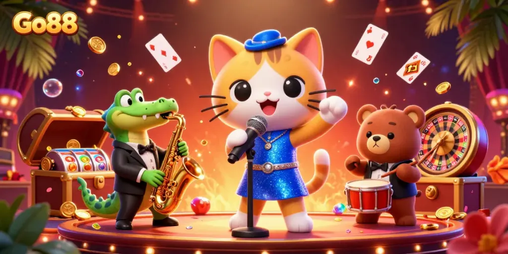 Engage with Go88's vibrant casino atmosphere showcased through jazzy characters and dynamic gaming elements.