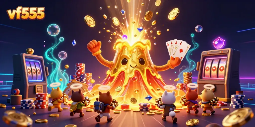 Experience the excitement of vf555 with a golden volcano erupting treasure and dynamic casino elements.