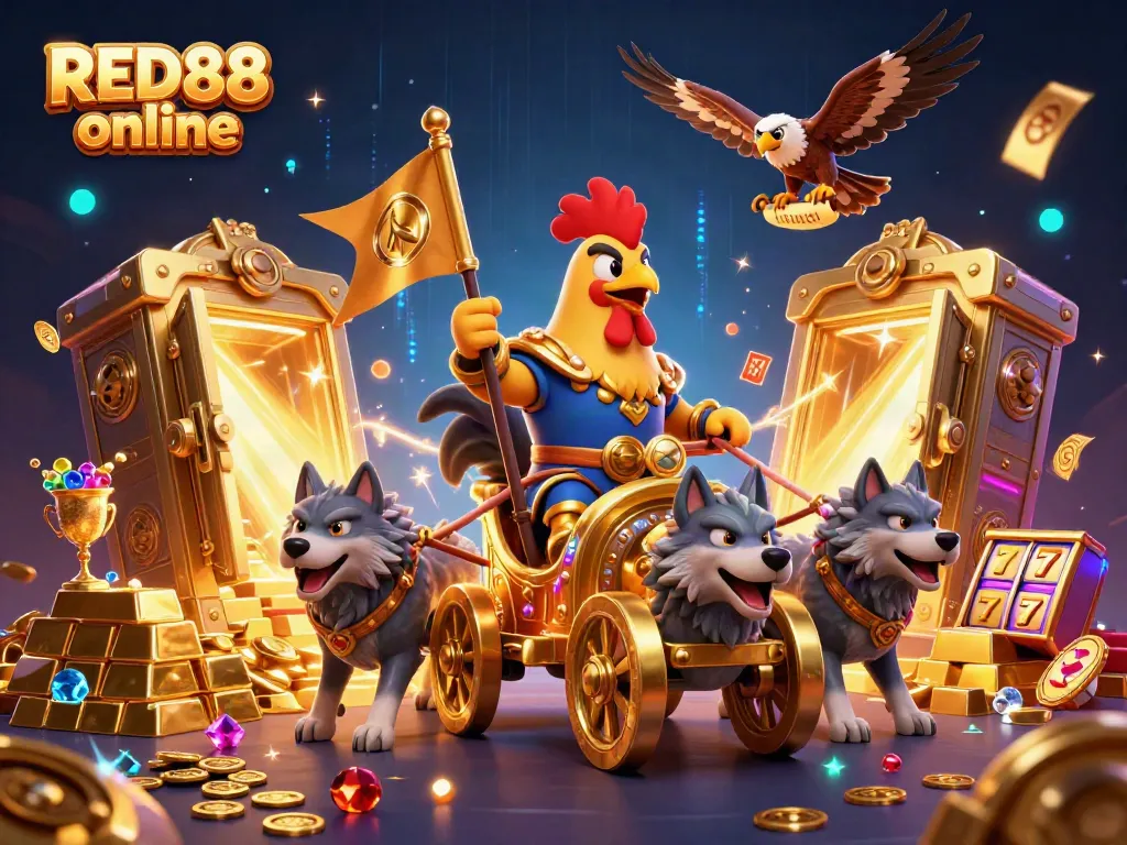Experience the thrill of RED88 online gaming with a lively 3D illustration showcasing exciting casino elements.