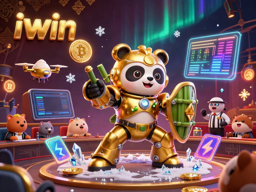 Play thrilling games with iwin in a vibrant 3D illustrated casino scene featuring a mech-suit panda character.