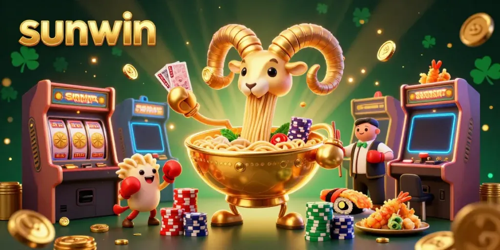 Engage in thrilling games with Sunwin as a giant ramen bowl character deals cards and stacks chips in a lively casino.