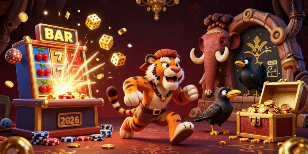 Pusar4d engages players with a lively prehistoric casino scene featuring a caveman, sabertooth tiger, and crow amidst jackpot slots.